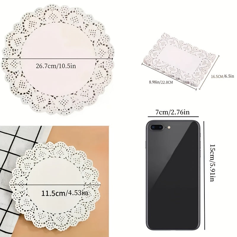 50 pieces each of lace paper, oil absorption paper pads, lace rolls, fried dim sum cakes, flower base paper, baking paper, food pads, pizza paper, and cake pads in three different shapes.