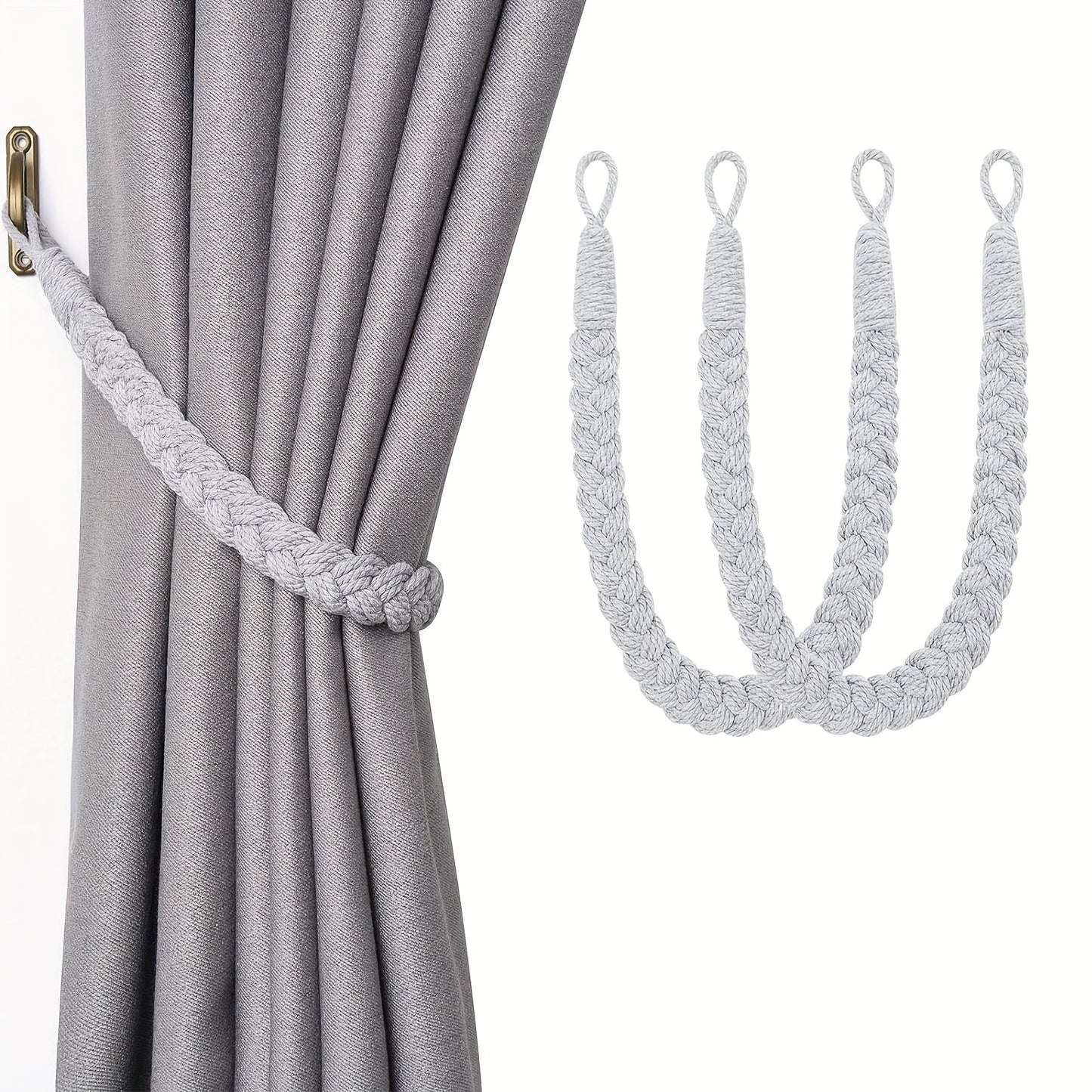 Two pieces of elegant bohemian style hand-woven rope curtain tiebacks featuring metal hooks - perfect for adding a natural decorative touch to your home or office. These soft braided design holdbacks are the ideal curtain accessories.