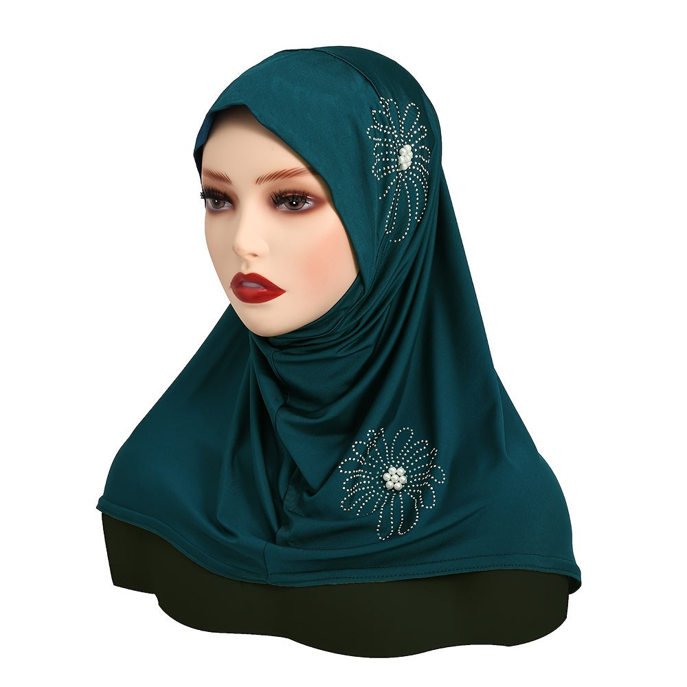 Women's Solid Color Elastic Polyester Hijab with Rhinestone and Pearl accents, full coverage chin cap, easy wear instant scarf for casual use, 100% polyester woven fabric with decorative