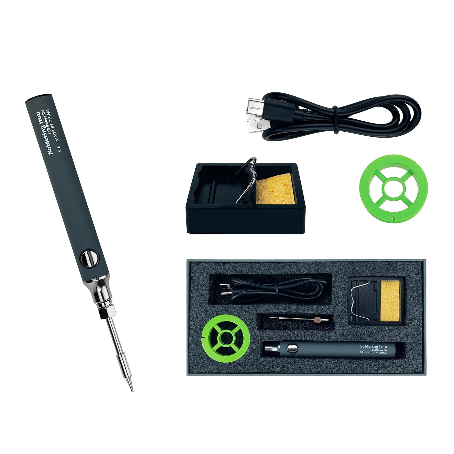 USB rechargeable soldering iron set with high heating rate and easy operation, suitable for DIY repairs at home or outdoors with nichrome heating element.