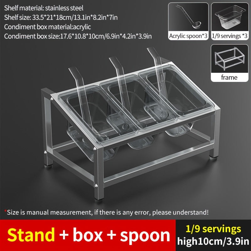 1/9-Compartment Spice Organizer crafted from durable stainless steel - Perfect for organizing spices and seasonings on your countertop. Includes condiment containers for easy storage. Ideal for use in both kitchens and restaurants.