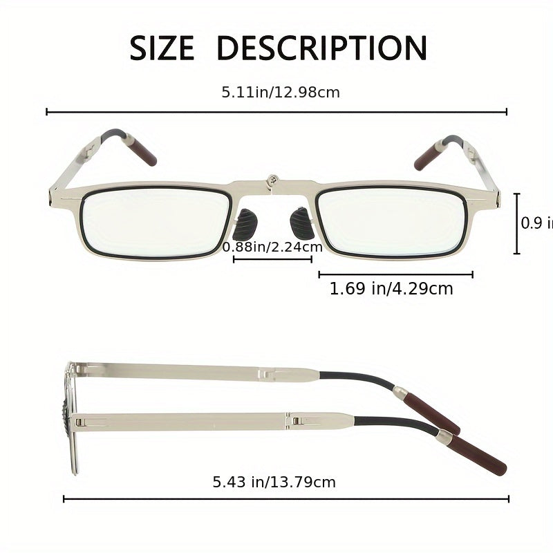 Rectangular full rim reading glasses with anti-blue light lenses, metal frame with mirror coating, and portable folding design for men and women.