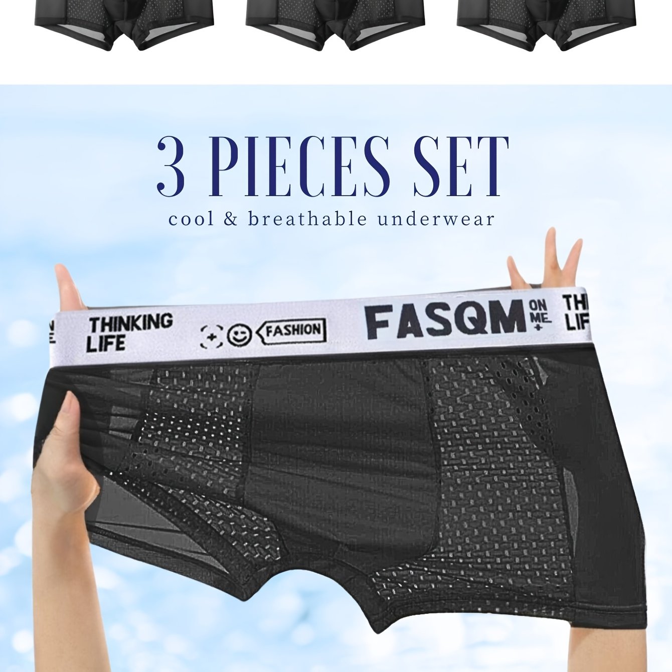 Multicolor men's ice charm boxers briefs with mesh patch, stretchy trunks, plain color sky blue, black, and deep gray with contrast color waistband print.