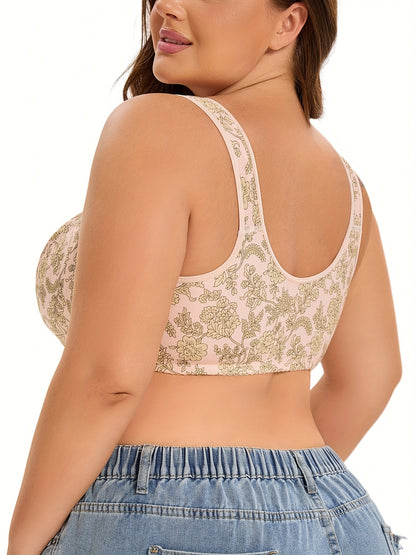 Floral polyester bralettes in plus size, wireless with front button and knit fabric, no padding, slight stretch, simple style, made of 95% polyester and 5% spandex.