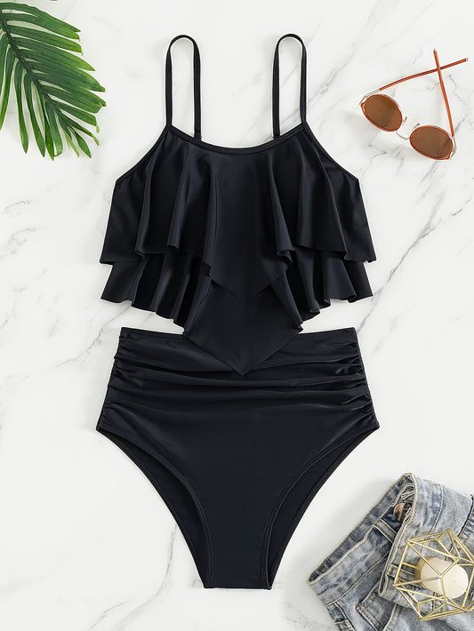 Layered ruffle black 2-piece tankini set with stretchy high-waist bottoms. Perfect for women's swimwear and clothing.