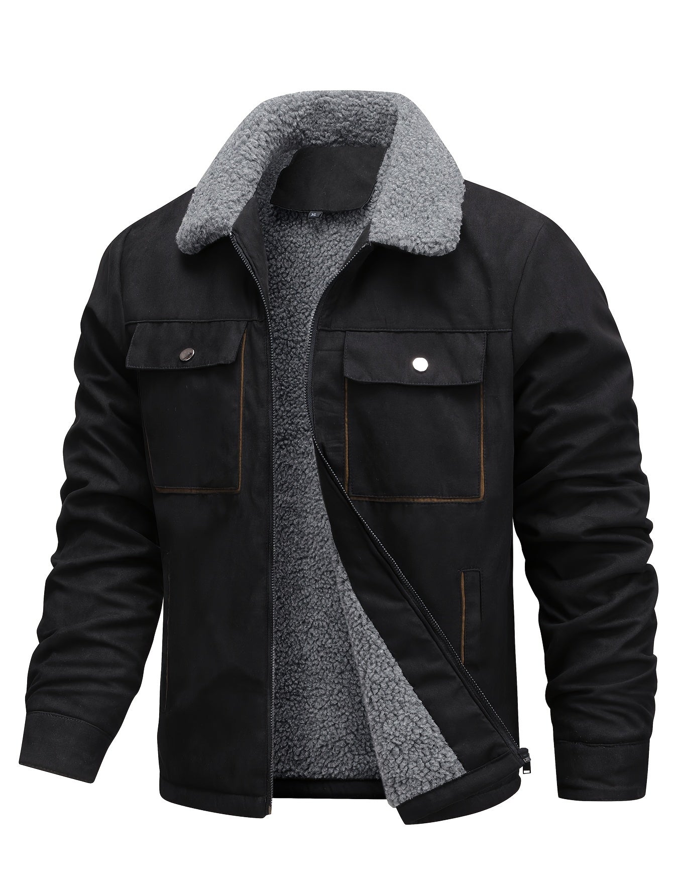 Men's Winter faux sueded jacket with fur collar, thick fleece lining, zipper closure, long sleeves, and plush comfort.