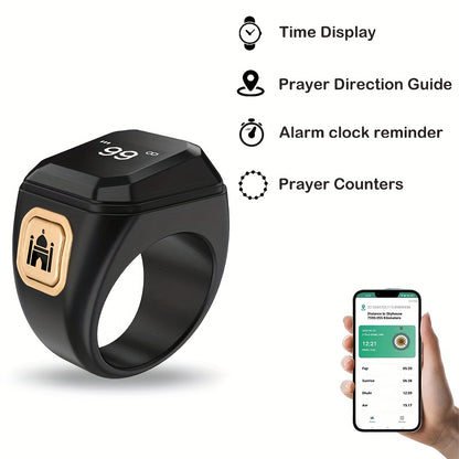 Fashionable Smart Prayer Watch Ring with prayer counter, reminders, directional guide, OLED screen, long-lasting battery, declaration alarm, beads, and charging cable. Perfect gift for