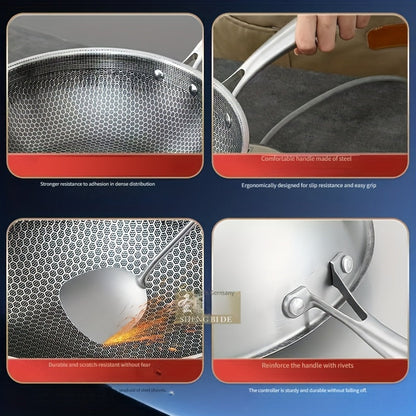 The Stainless Steel Chef's Pan features a non-stick honeycomb surface, making it scratch-resistant and heat-resistant. Its ergonomic one-handed design is perfect for stir-frying. This versatile cookware is ideal for both home and outdoor use.