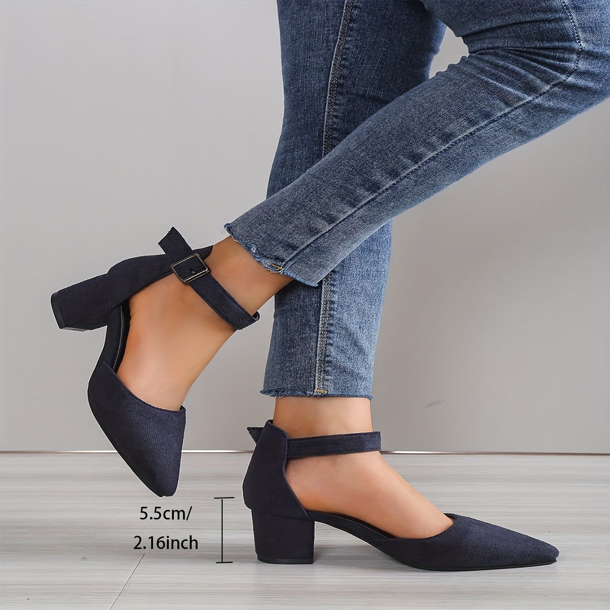 Women's versatile dress shoes with block heel, ankle strap, solid color, and pointed toe.