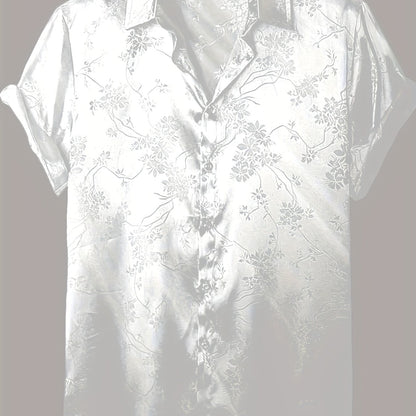 Men's casual short-sleeve button-up shirt with subtle floral print, made from lightweight polyester. Perfect for summer wear, collared design for easy care.