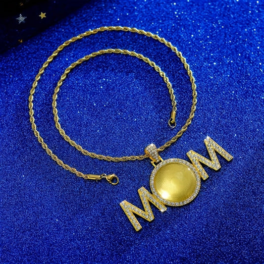 Personalized Mother Photo Pendant Necklace, made of 18K Gold-Plated Zinc Alloy featuring Synthetic Crystals, with a Waterproof Glass Cover. Perfect for everyday wear, gifting, and adding a touch of elegance to your party outfits.