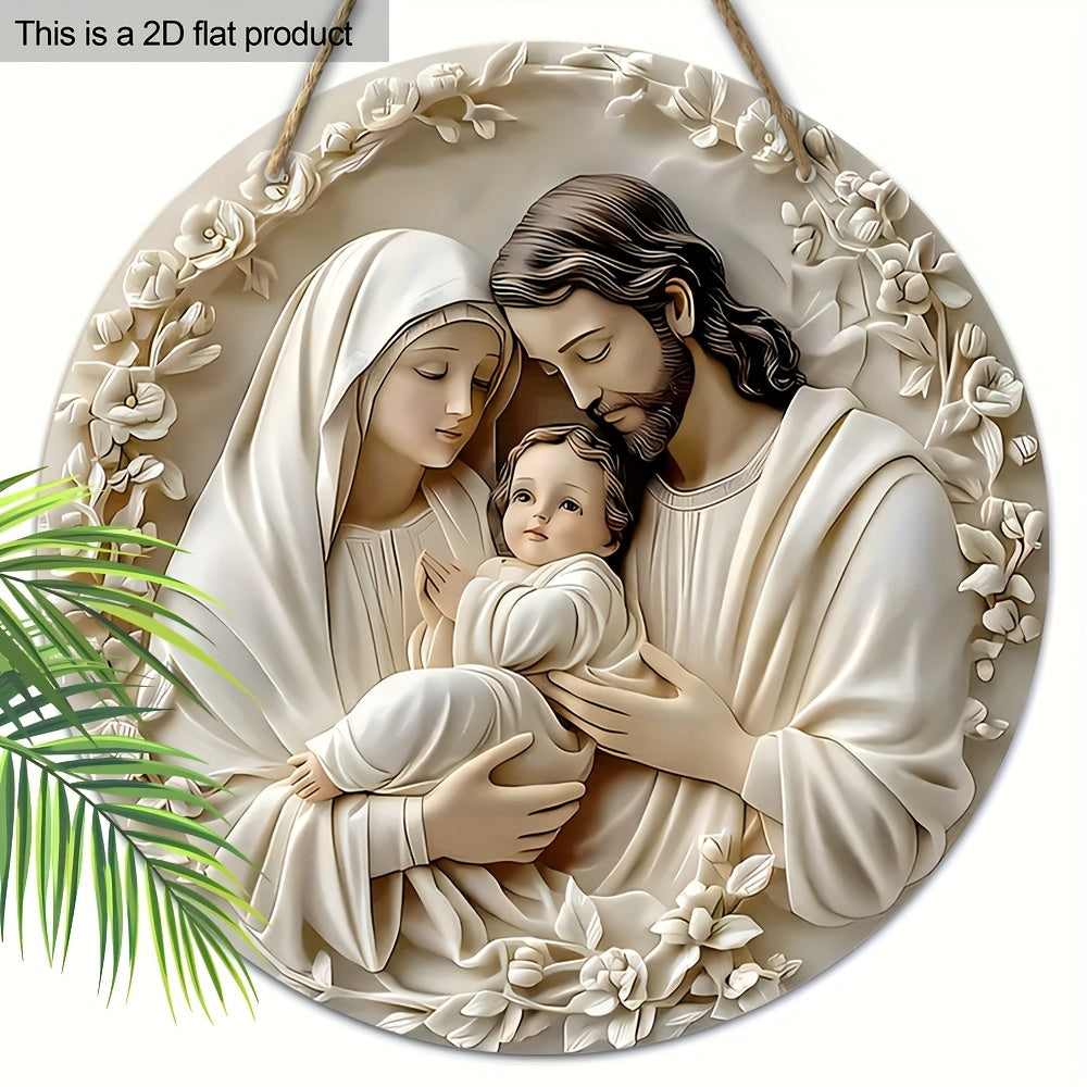 Charming wooden nativity wreath for home decor, ideal for holidays and all occasions - 19.99cm round wall sign.