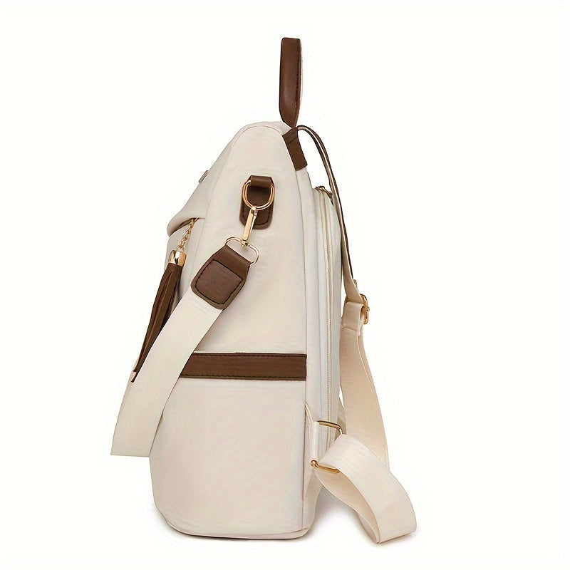 Stylish women's anti-theft backpack purse in white & brown with adjustable straps, large capacity, and golden-toned hardware, perfect for travel.