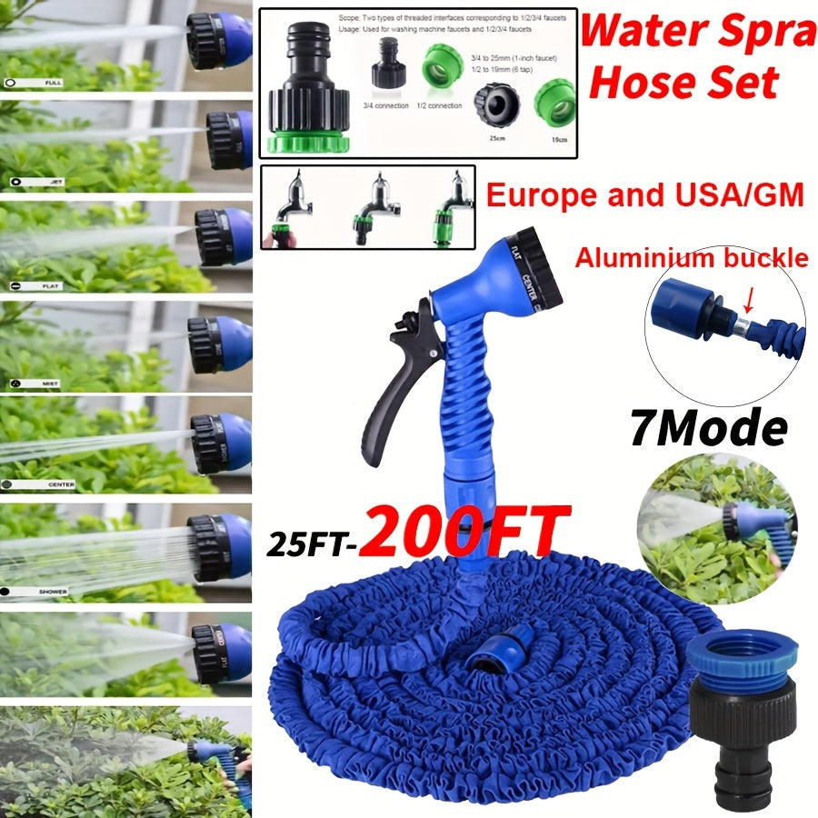 Expandable garden hose set with 7 spray modes and durable materials, suitable for all seasons, includes water gun, pipe, and connectors for outdoor lawn care.