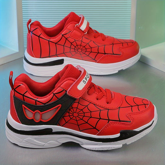 Kids sport sneakers with cartoon spider web design, lightweight and breathable, suitable for boys and girls. Ideal for outdoor activities all year round.