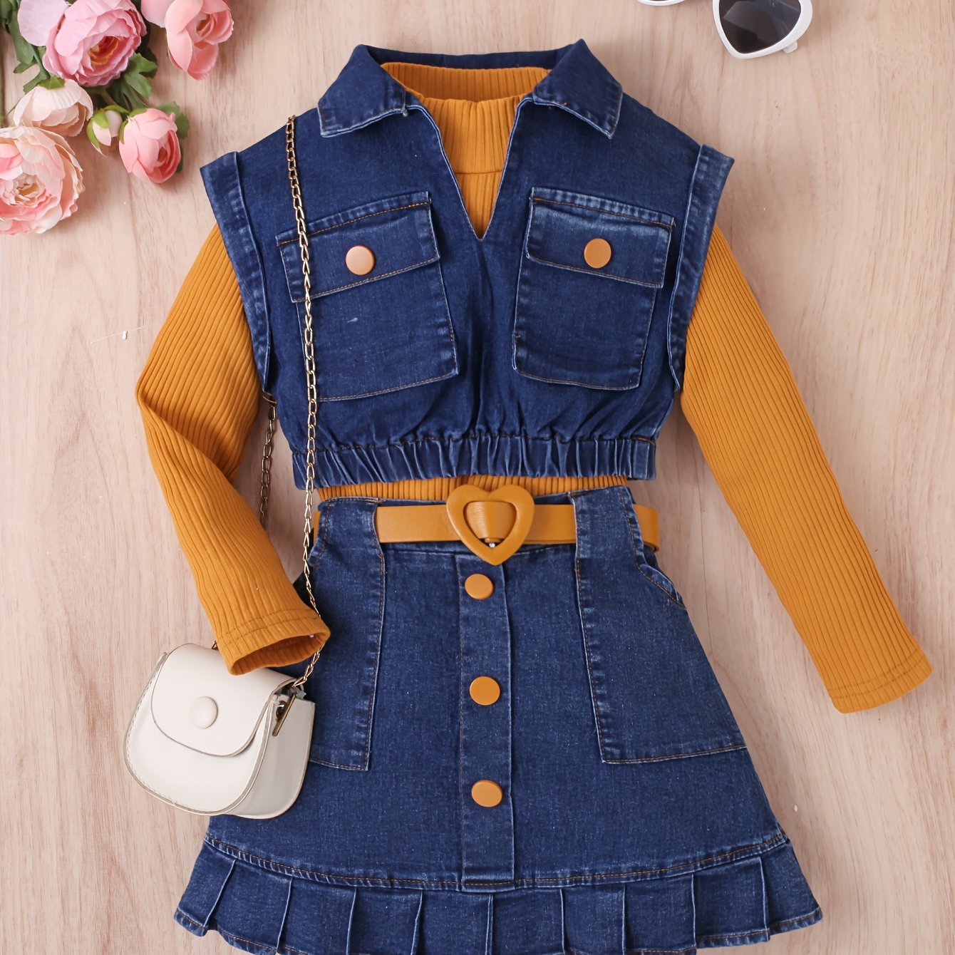 Girls' Fashion Casual Outfit Set: High neck long sleeve top with denim vest, knee-length pleated skirt with belt.