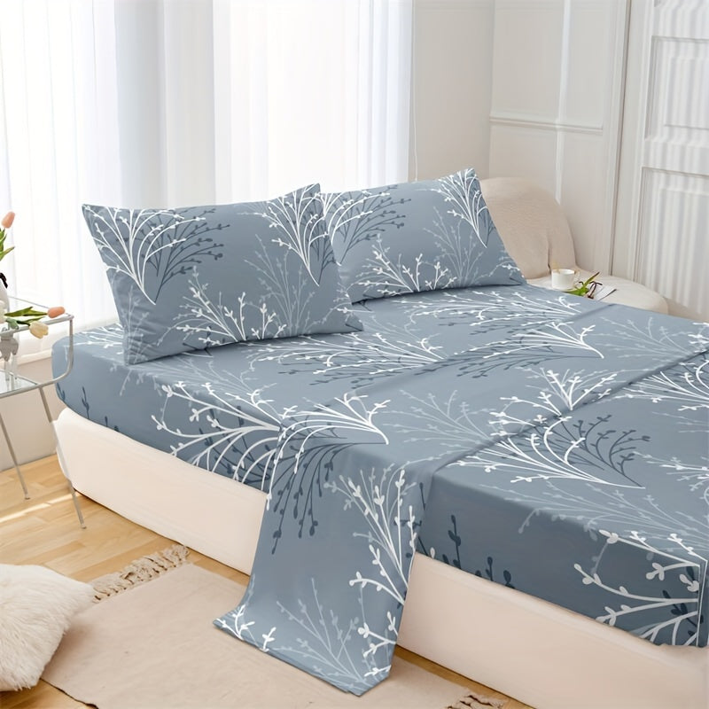 4-piece bedding set includes 1 flat sheet, 1 fitted sheet, and 2 pillowcases made of 100% polyester with floral print. Machine washable and suitable for all seasons. Does not include pillow