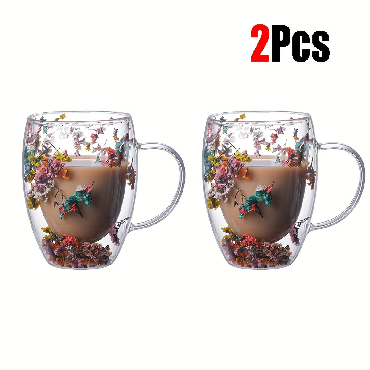 11.830z Double-walled Glass Coffee Cup with Dried Flowers, Insulation, Reusable for Espresso, Iced Coffee, Juice - Hand Wash Only - 2-4-6pcs