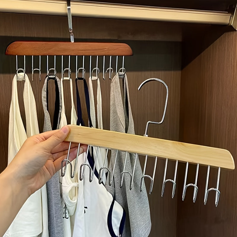 One-piece Storage Rack Holder: 360° Rotating Wooden Clothes Hanger with 8 Hooks, Closet Organizer for Bras, Tank Tops, Underwear, Scarves, Hats, and Ties - Space-Saving Solution