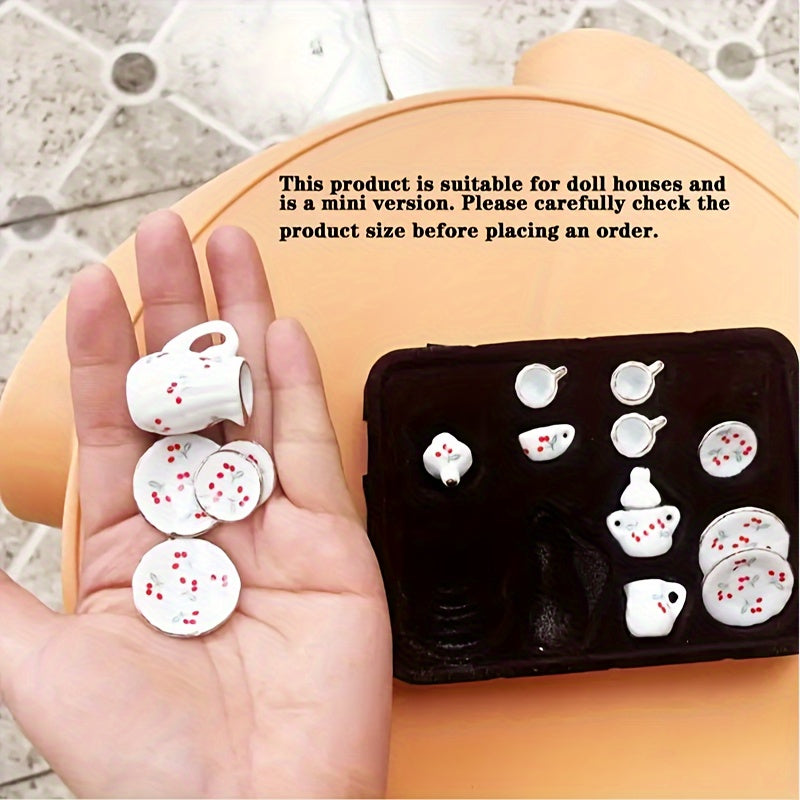 Miniature Chinese Tea Set - 15 pieces, 1:12 scale ceramic dollhouse accessories with floral pattern porcelain kitchen decor, ideal DIY gift