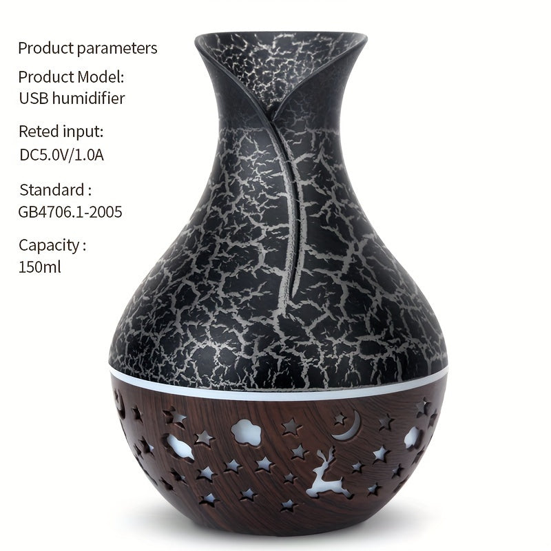 New 150ml vase-shaped air humidifier with hollow wood grain design, LED light, and small night light. USB-powered and automatic shut-off. Ideal for office, home, or bedroom.