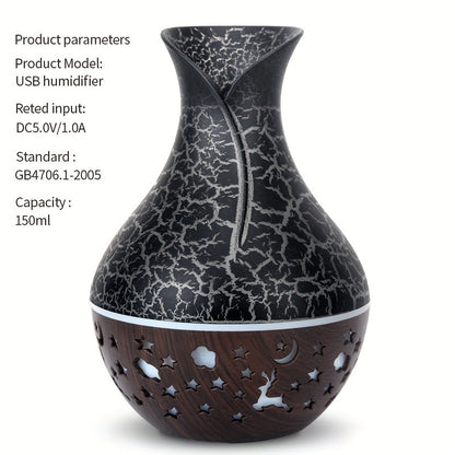 New 150ml vase-shaped air humidifier with hollow wood grain design, LED light, and small night light. USB-powered and automatic shut-off. Ideal for office, home, or bedroom.