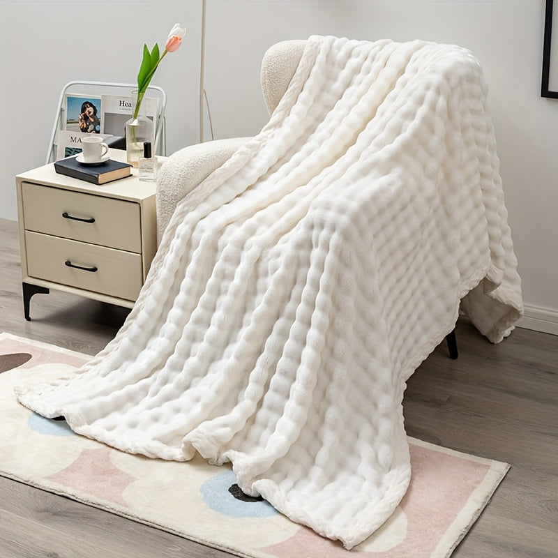 Ideal Birthday Gift: Luxurious White Bubble Fleece Blanket, made of 100% Polyester with All-Season Knit Fabric,  Soft and Cozy for Living Room, Office, Bedroom, Camping, Pet use. Versatile Throw in Contemporary Style, weighing 250-300gsm.