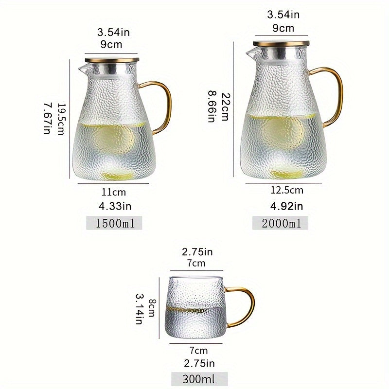 Durable and Elegant Glass Pitcher with Golden Handle - Perfect for Serving Cold Beverages, Tea & Water - Large Capacity, Heat-Resistant Carafe - Dishwasher Safe, Ideal for Home & Restaurant Use