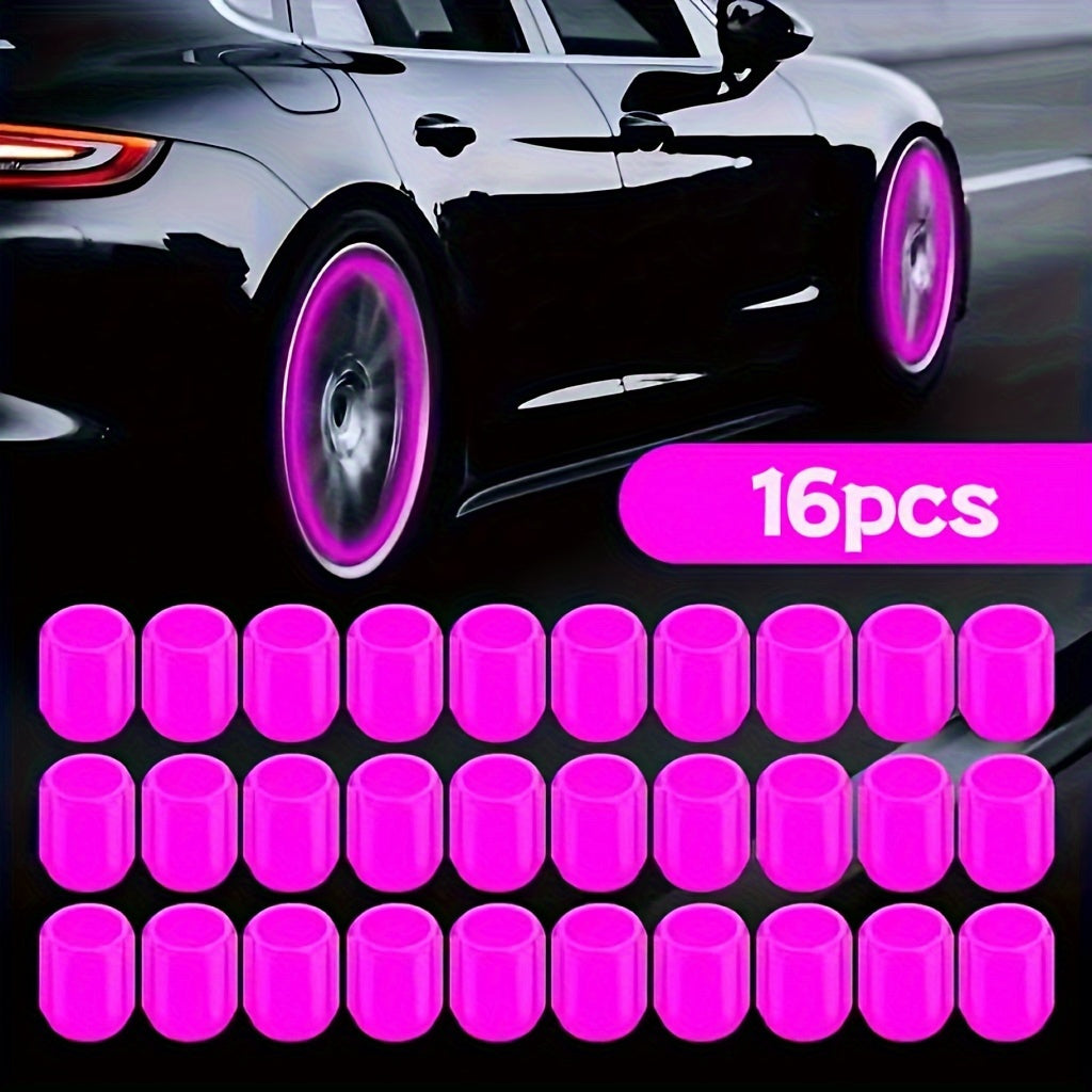 16pcs Luminous Tire Valve Stem Caps for bikes, motorcycles, and cars. Glow-in-the-dark wheel valve covers made of durable plastic. Dust-proof, leak-proof design.