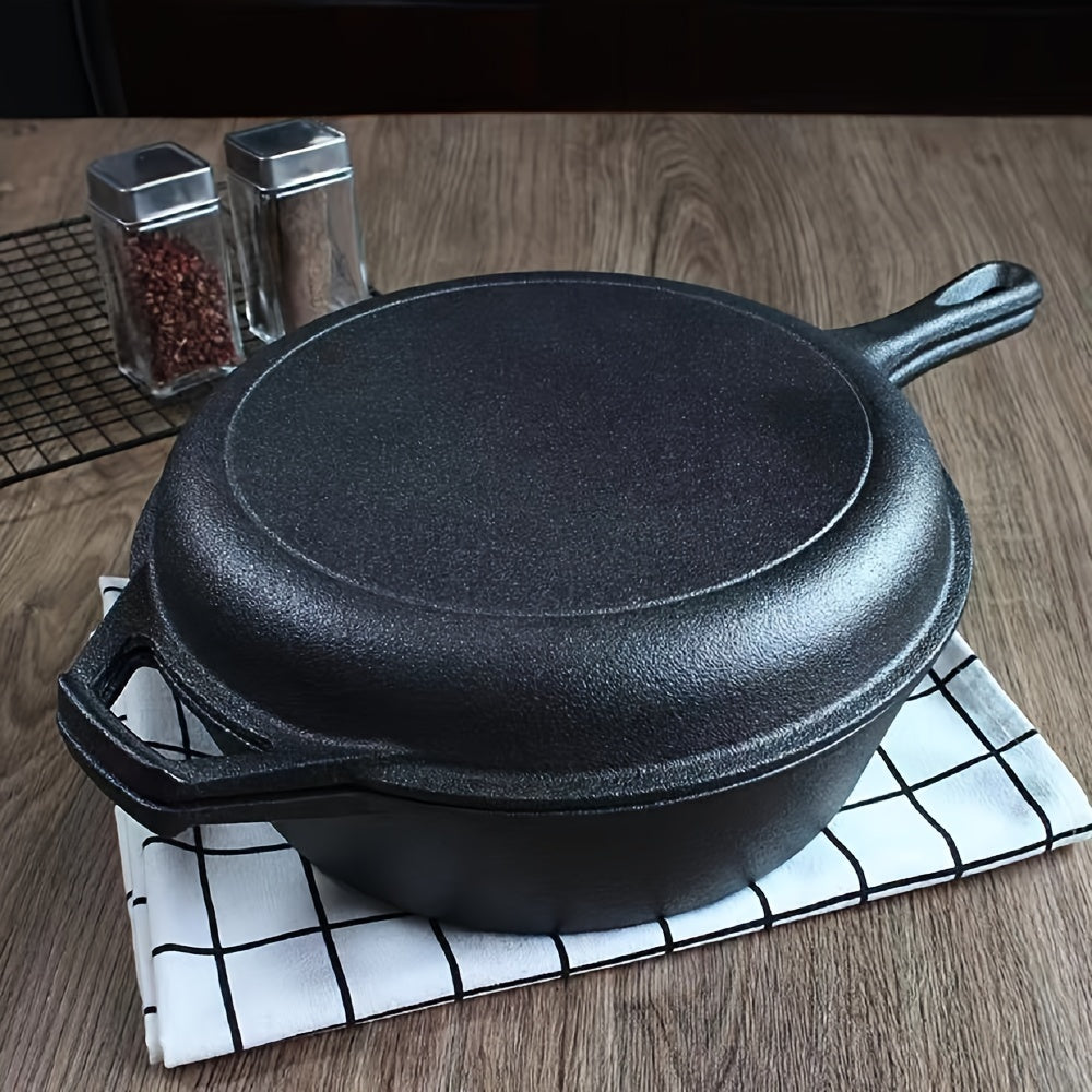 1-piece Pre-seasoned Dual-purpose Bread Pan with Single-handle Thickened Cast Iron Dual-use Pot, Non-stick Cast Iron Combination Cooking Utensil that functions as a 2-in-1 Pot