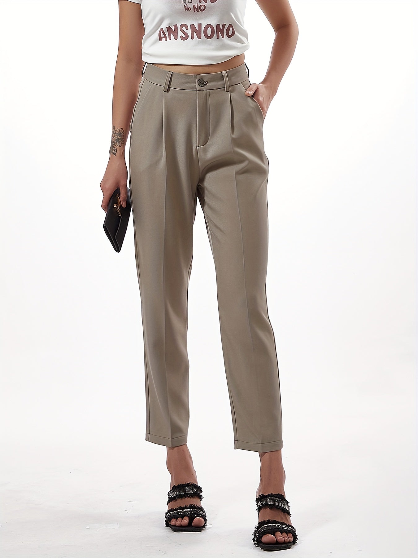 Pleated straight leg pants with pocket, casual cropped suit pants for women.