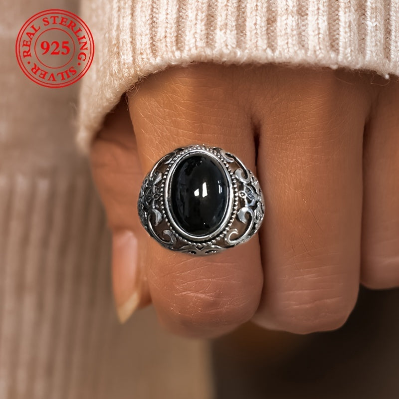 925 Sterling Silver Vintage Punk Style Ring with Adjustable Imitation Jade and Agate Stone, Ideal for Casual Wear or as a Gift