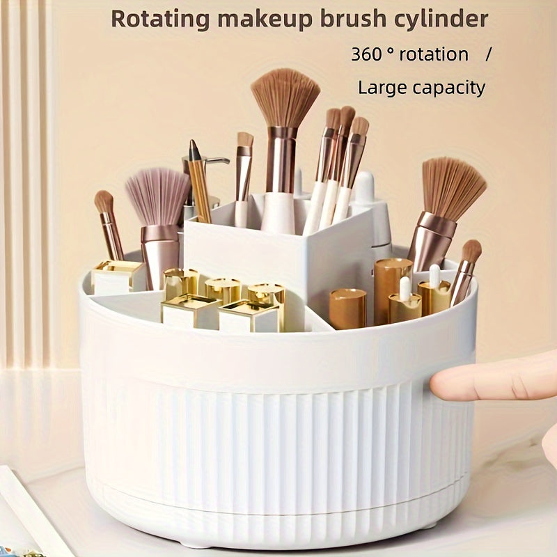 Rotating makeup organizer for versatile cosmetic storage, including pen holder. Ideal for vanity and desk organization.