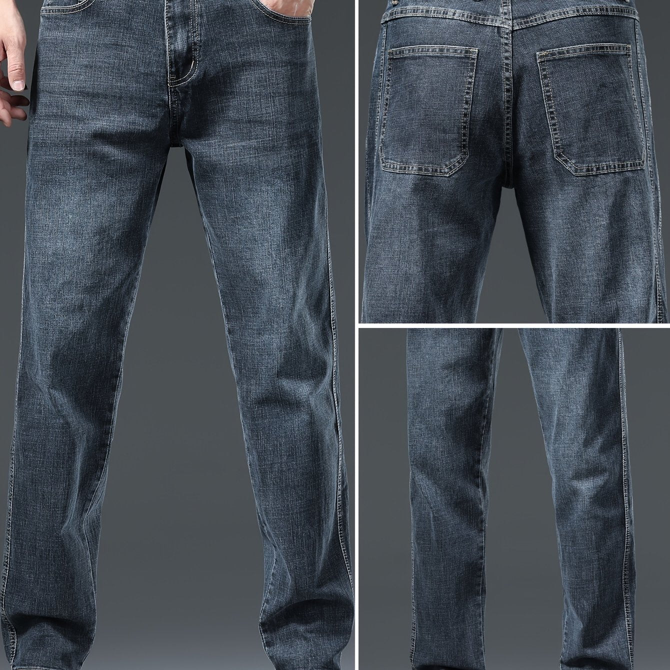 Men's solid denim pants with pockets, casual breathable cotton blend straight leg jeans for outdoor activities.