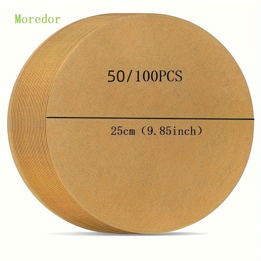 25cm round paper mats for 10'' cake pans, suitable for baking, grilling, steaming, microwave, and air fryer. Kitchen essential for non-stick baking.