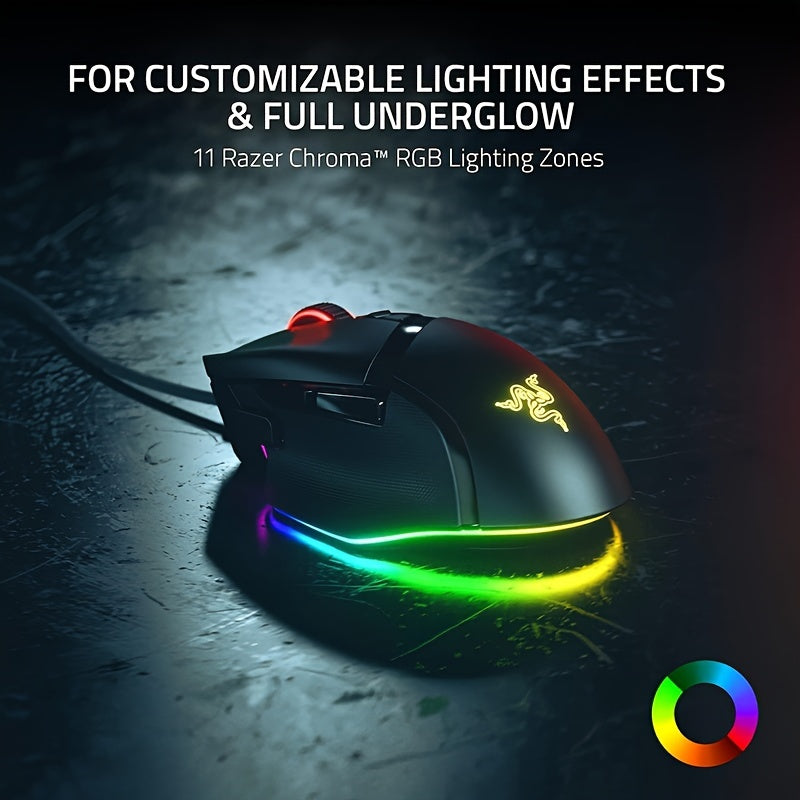 Razer Basilisk V3 gaming mouse: High-speed switch, customizable design, Chroma RGB lighting, 26K DPI sensor, 11 programmable buttons, HyperScroll tilt wheel.