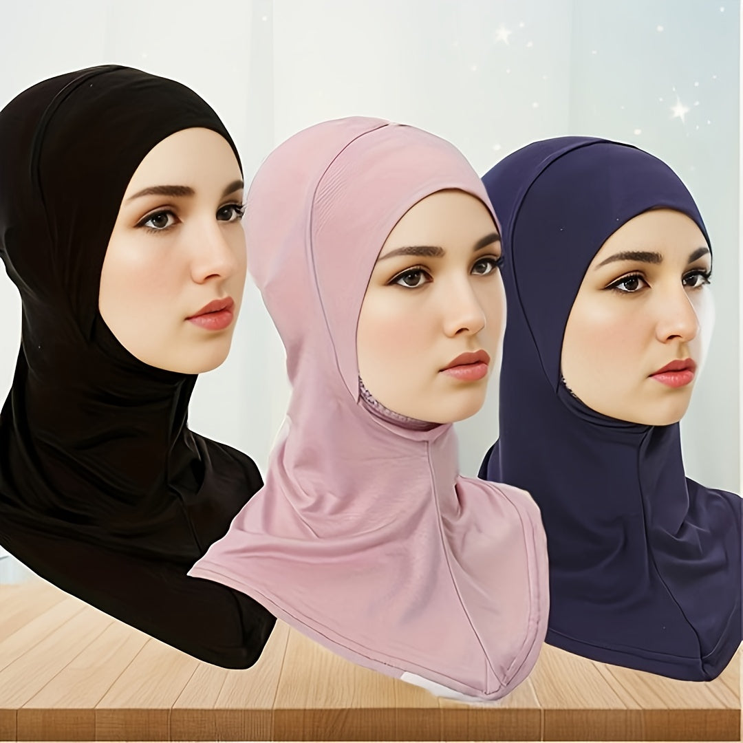 3 Elastic Modal Instant Hijab Caps for Women - Soft, Stretchy, Solid Color Head Wraps with Snap Closure - Ideal for Ramadan & Casual Attire - Breathable Polyester, No Feathers