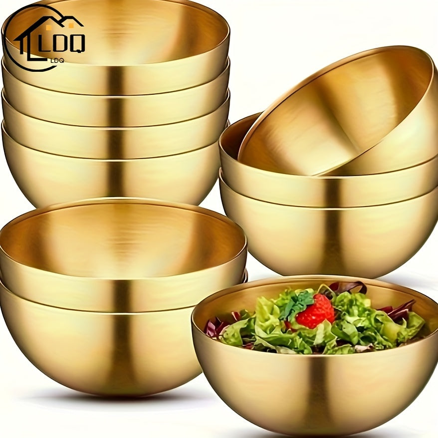 4-piece set of LDQ Golden Stainless Steel Salad Bowls, rust-resistant and versatile for fruits, noodles, and baking. Ideal for kitchen serveware.