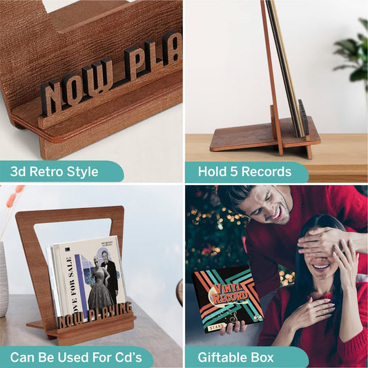 Get your hands on the 1pc Now Playing Wooden Record Rack, featuring a vintage 3D design. This creative turntable accessory is a perfect gift for music lovers. Display your LP vinyl records in style with this unique photo album storage rack.