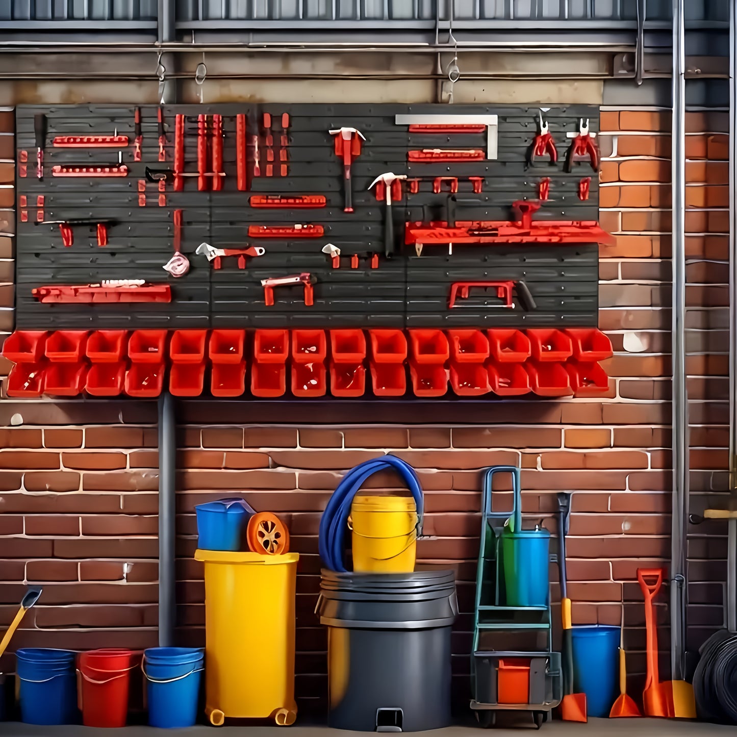 Practical 49-piece tool rack set with storage for screws, nuts, bolts, nails, beads, and small hardware. Designed for wrenches and screwdrivers, with a red and black wall-mounted storage