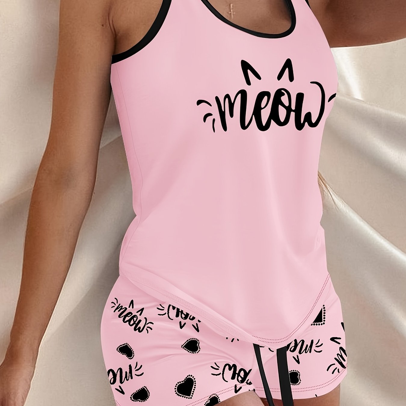 Heart and letter print pajama set including crew neck tank top and drawstring shorts for women's loungewear.