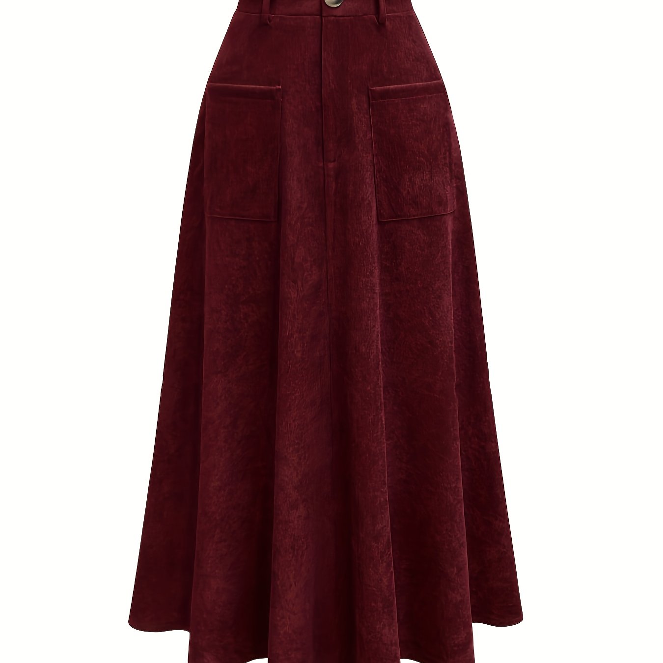 Brown corduroy midi skirt with pockets for women, high-waist A-line style, machine washable, chic and versatile.