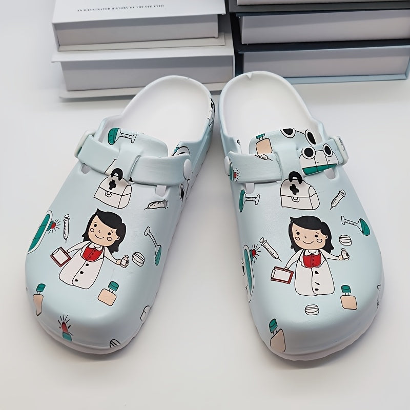 Cartoon nurse print slippers: quick-dry, comfortable indoor shoes for women.