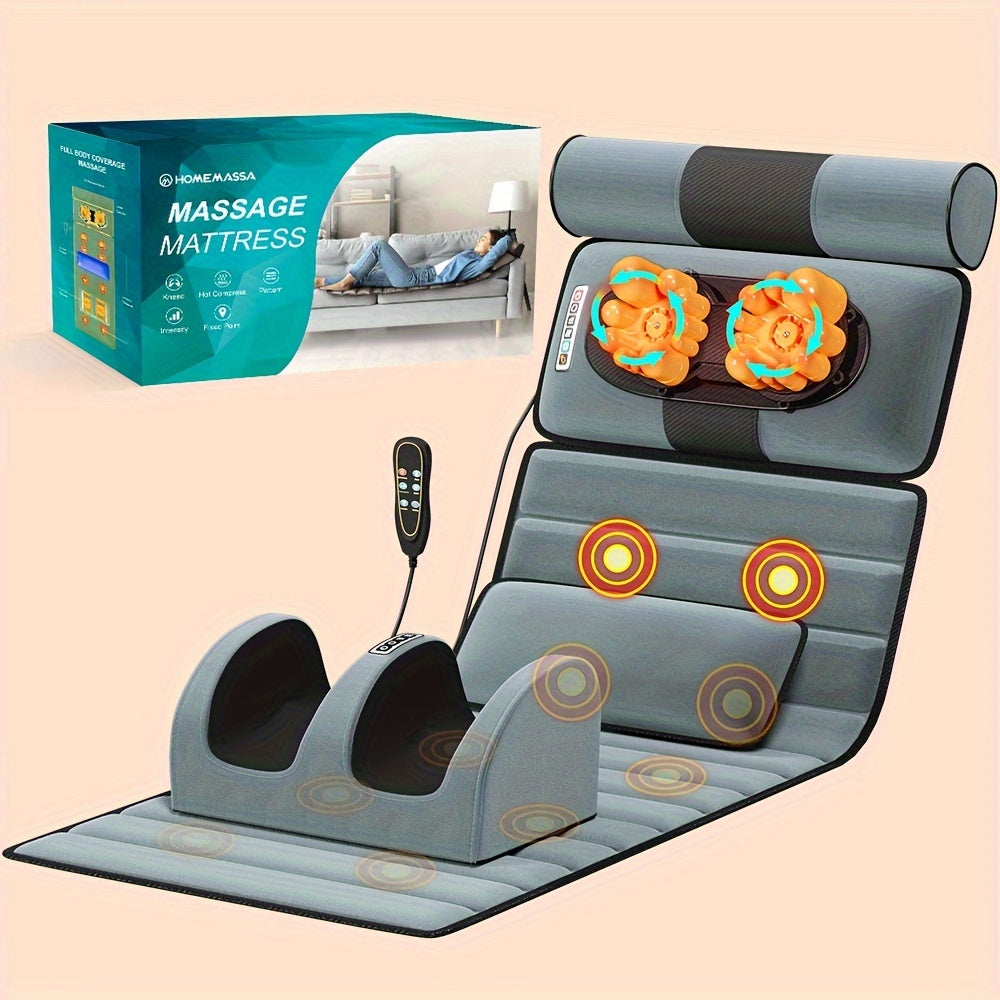 Full-body massage mat with heat and foot massager, including whole body vibration, 9 massage settings, and 3 timer options. Targets back, neck, lumbar, legs, and feet.