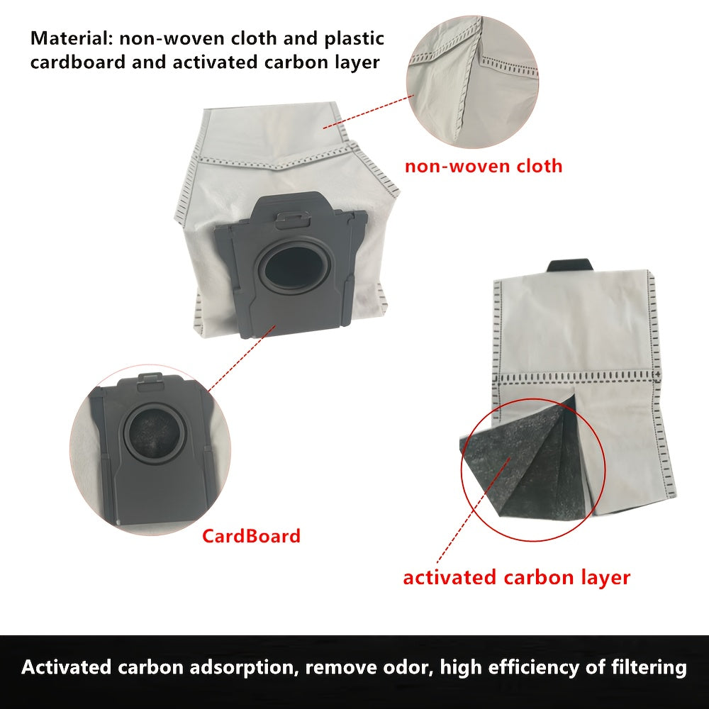 Two pieces of HEPA Filter Dust Bags designed for Vacuum Cleaners with activated carbon layer. Compatible with Dreame X30/S30/S10 Robots. Provides high efficiency filtration using a combination of plastic and cloth materials.