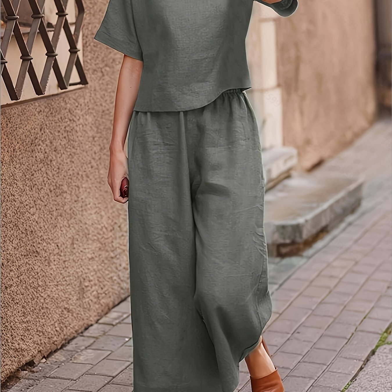 Casual Women's Crew Neck T-Shirt and Wide Leg Pants Set