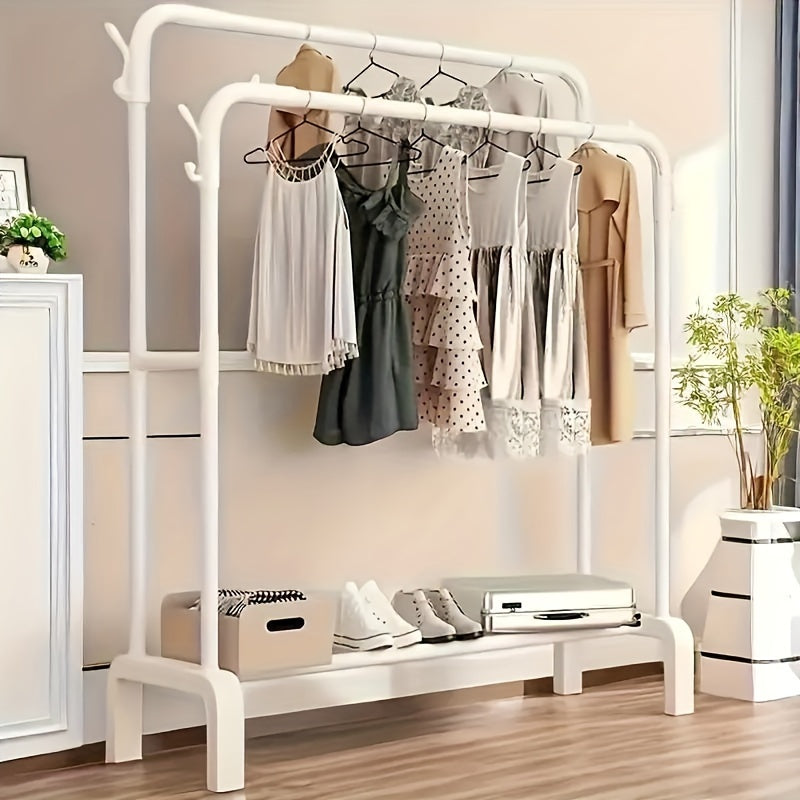 Large capacity, floor-standing clothes drying rack with double pole design. Suitable for bedroom, balcony, or bathroom. Requires self-assembly.