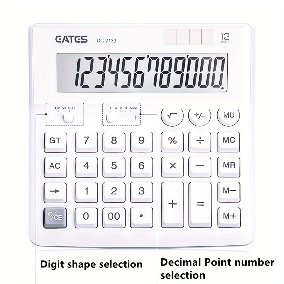 Stylish 12-digit pure white solar calculator for desktops, suitable for business use.