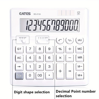 Stylish 12-digit pure white solar calculator for desktops, suitable for business use.