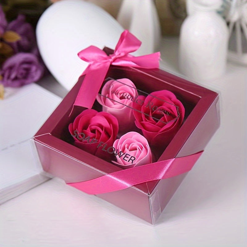 Gift box with 4 artificial rose soap flowers, ideal for Valentine's Day, Mother's Day, Christmas, or weddings.